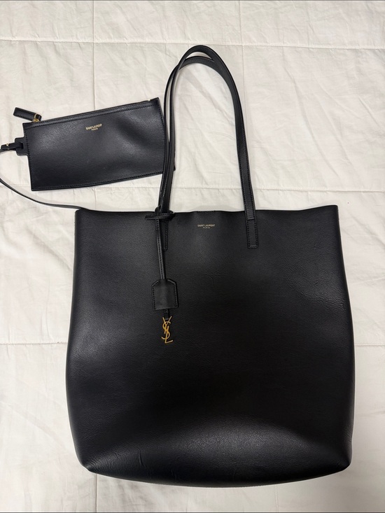 Saint Laurent Handbags - Saint Laurent Black Leather Tote with Gold YSL Charm and Matching Pouch